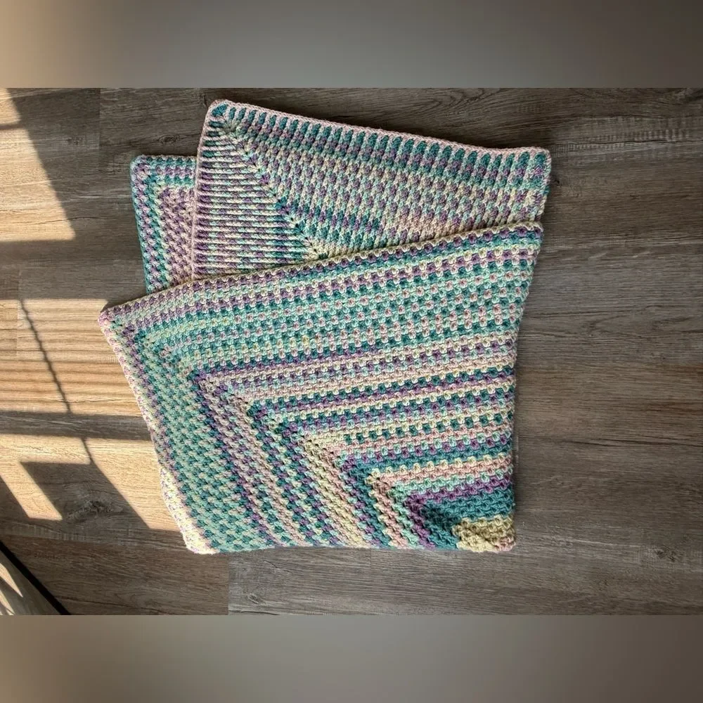 VTG 70s Afghan Blanket Crochet Hippie Boho Multi Color Handmade Blue Pink Cream